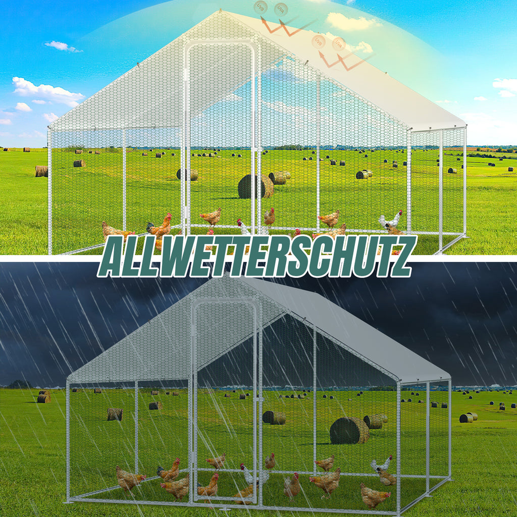 Cecaylie Hühnerauslauf mit Dach, 6–24 m², Stahlrahmen, Geflügelgehege mit Tür