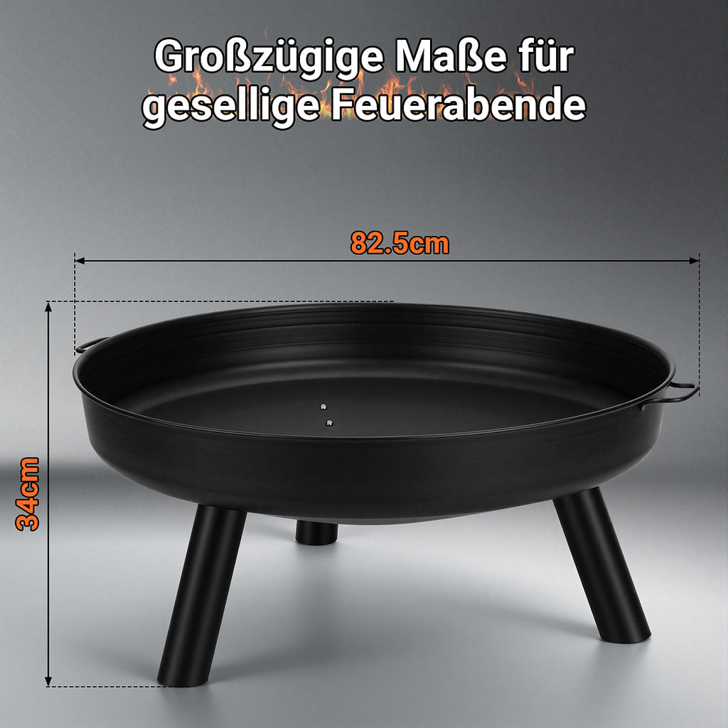 Cecaylie Feuerschale Ø75 cm mit Griffen oder Abdeckung Ø75,5 cm, Stahl, Schwarz