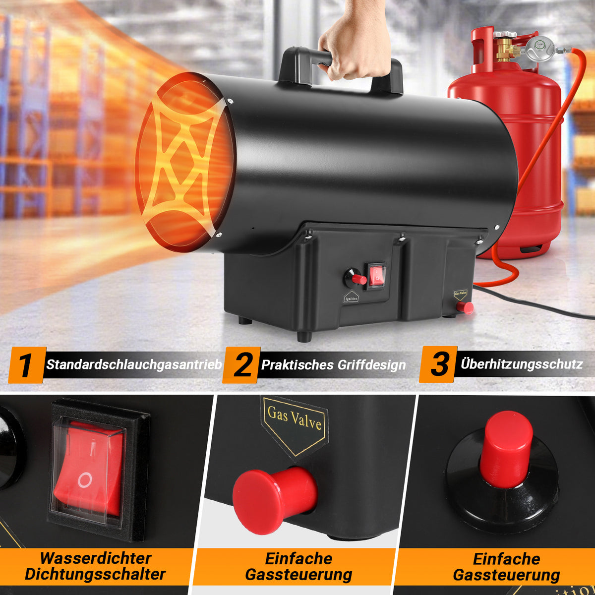Gasheizgebläse 10/15/30 kW mit Gasschlauch & Druckminderer