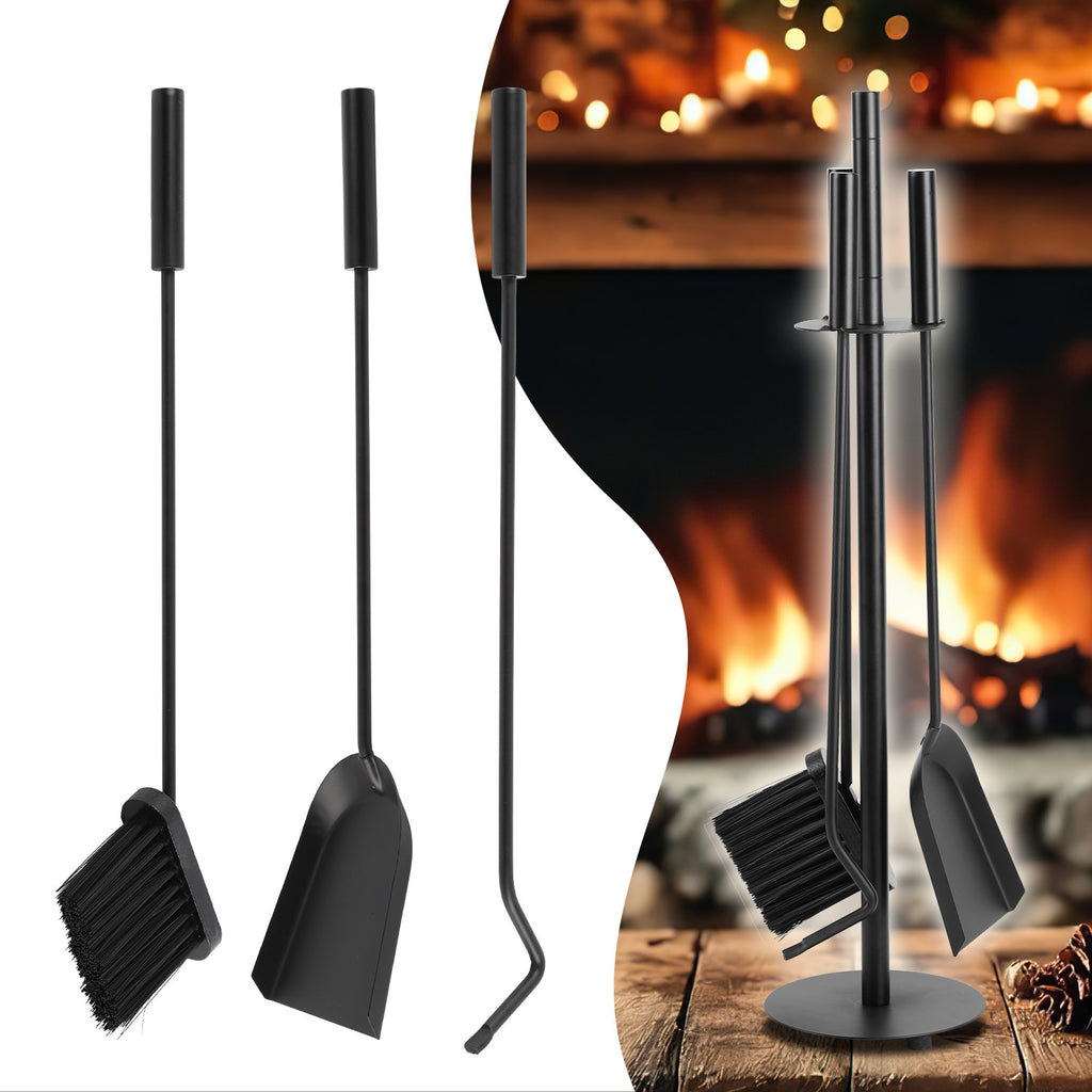 3-teiliges Kaminbesteck mit Ständer, Feuerzange, Schaufel & Besen