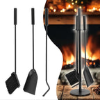 3-teiliges Kaminbesteck mit Ständer, Feuerzange, Schaufel & Besen