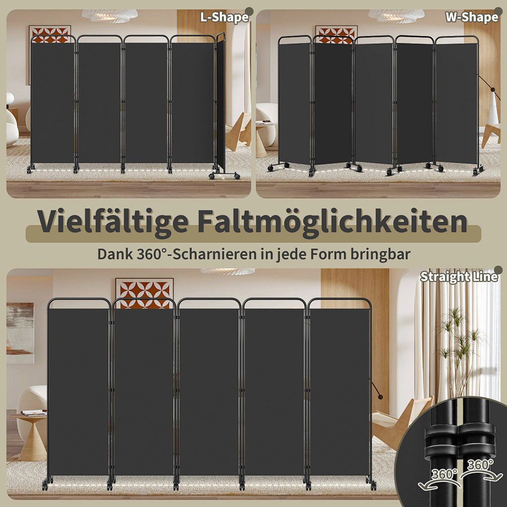 Cecaylie Paravent mit Rollen, faltbarer Raumteiler 180 cm hoch, Sichtschutz mit Bremsen, 4 Größen
