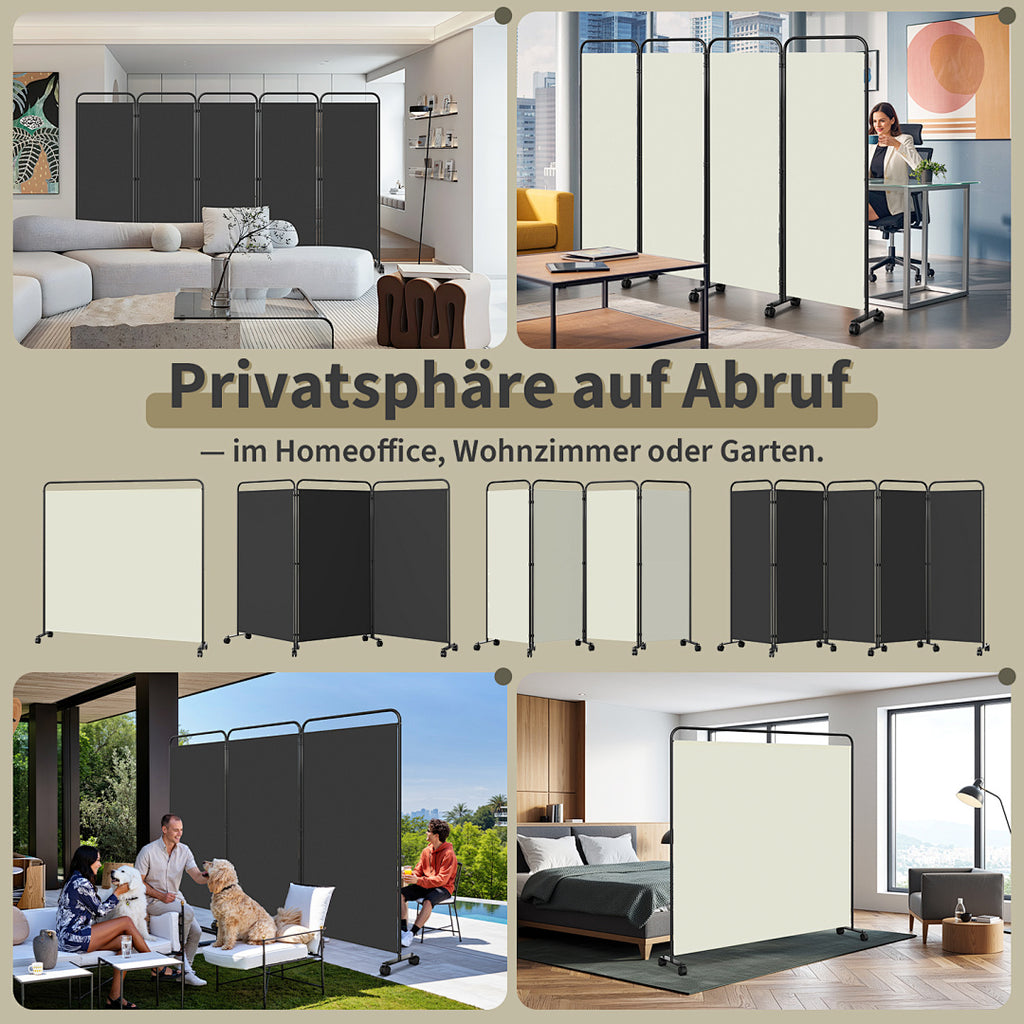 Cecaylie Paravent mit Rollen, faltbarer Raumteiler 180 cm hoch, Sichtschutz mit Bremsen, 4 Größen