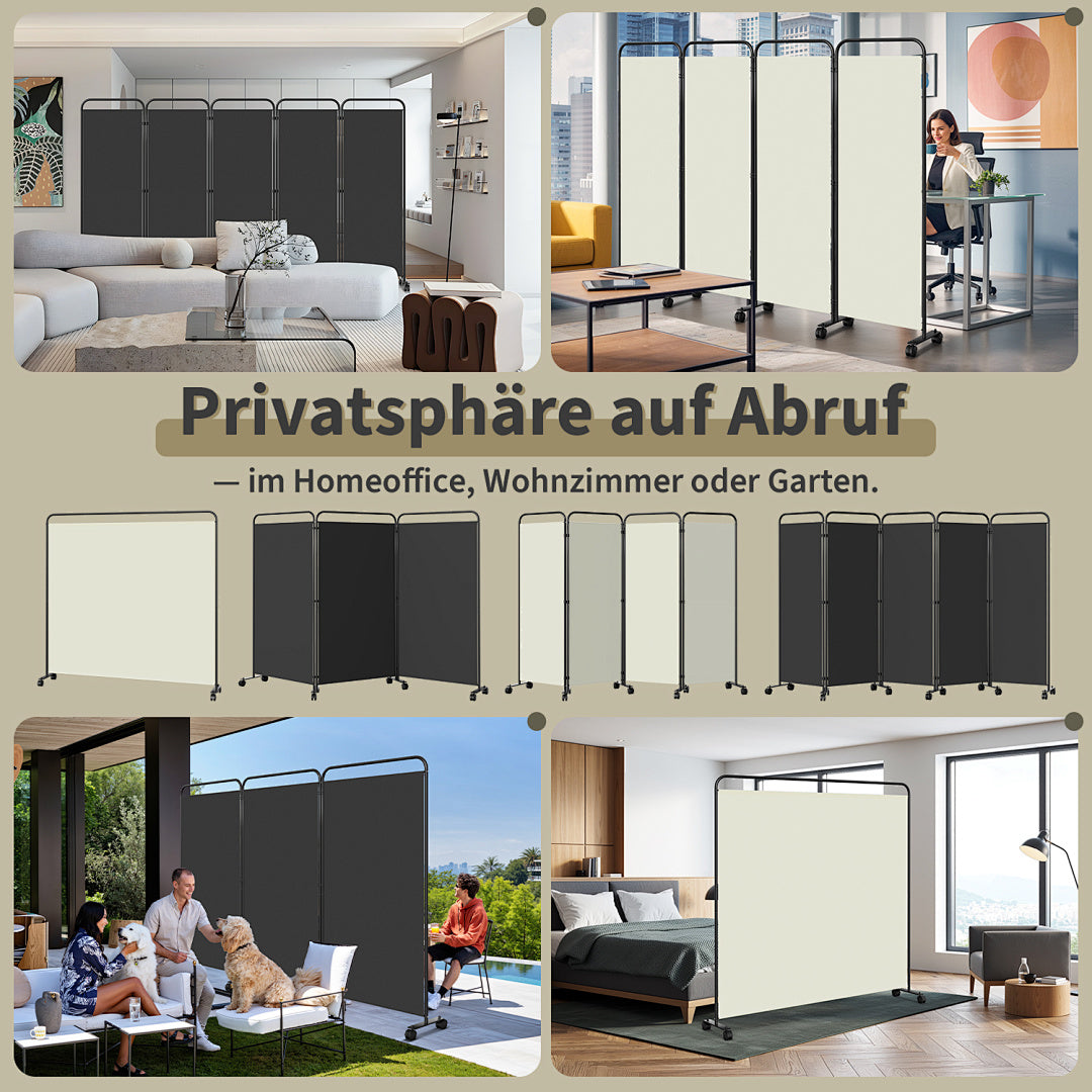 Cecaylie Paravent mit Rollen, faltbarer Raumteiler 180 cm hoch, Sichtschutz mit Bremsen, 4 Größen