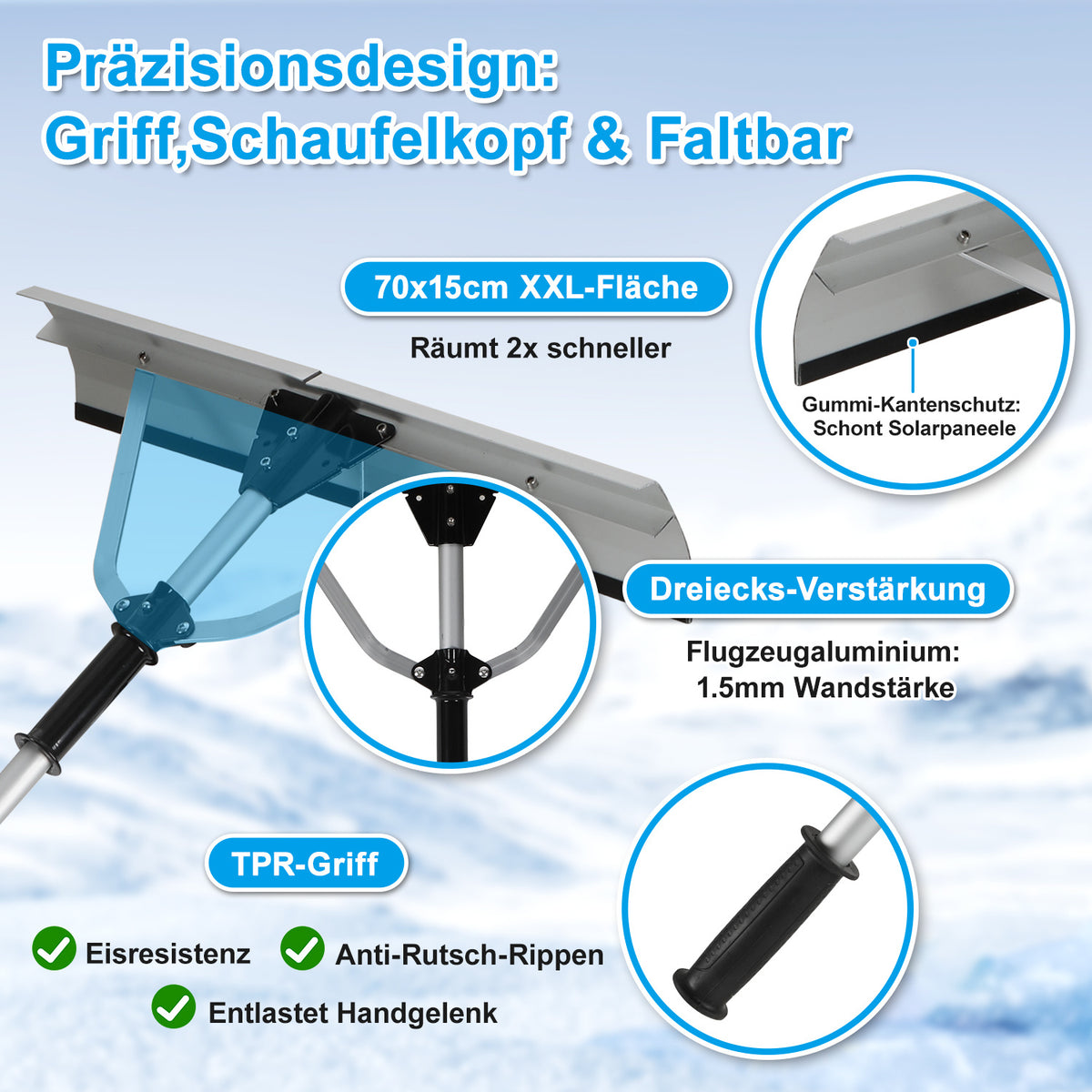 Teleskop-Dachschneeräumer 6,36 m – Schneerechen mit 70,5 cm Alu-Rechenkopf