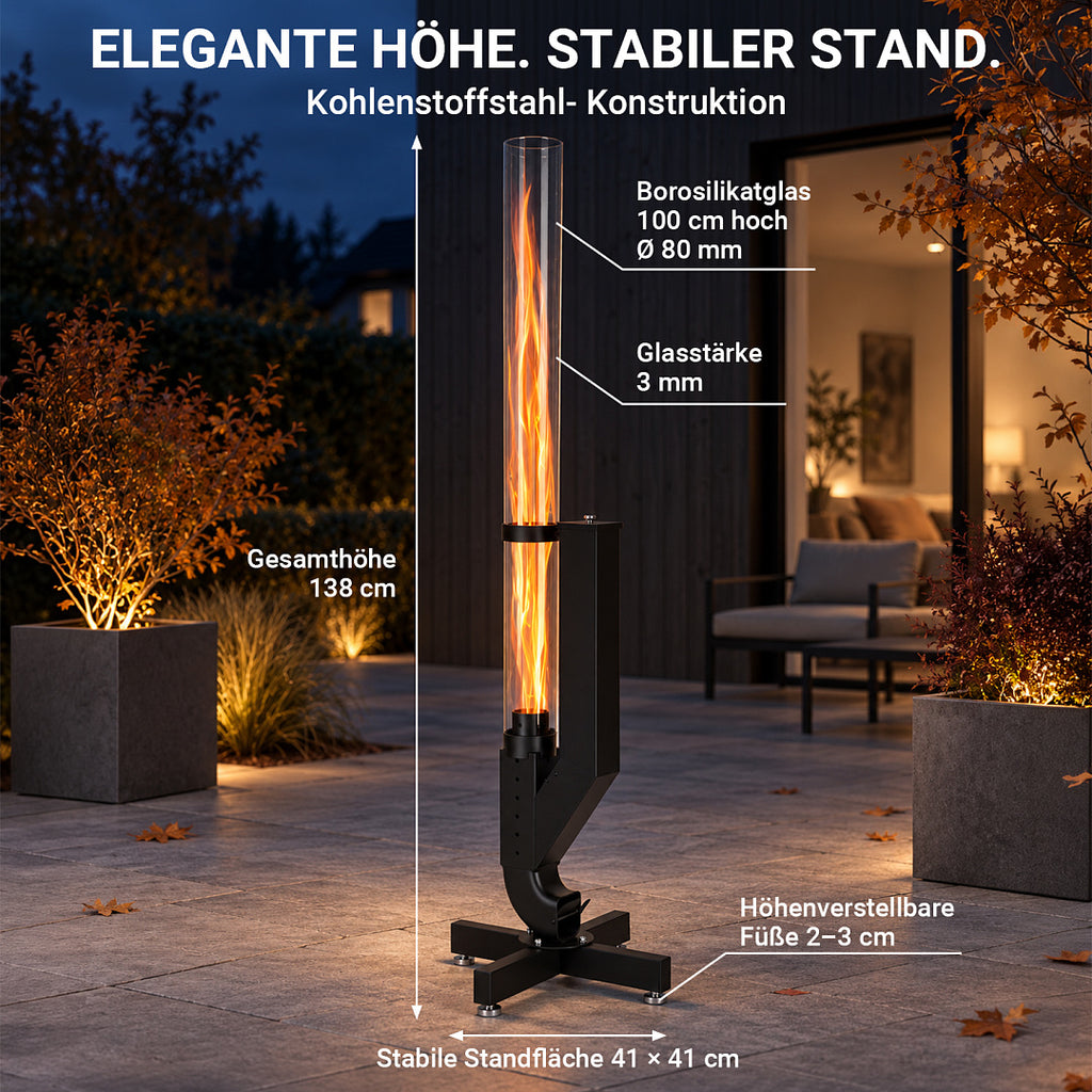 Pellet-Feuersäule mit Glasrohr 138 cm – Pelletfackel für Garten & Terrasse