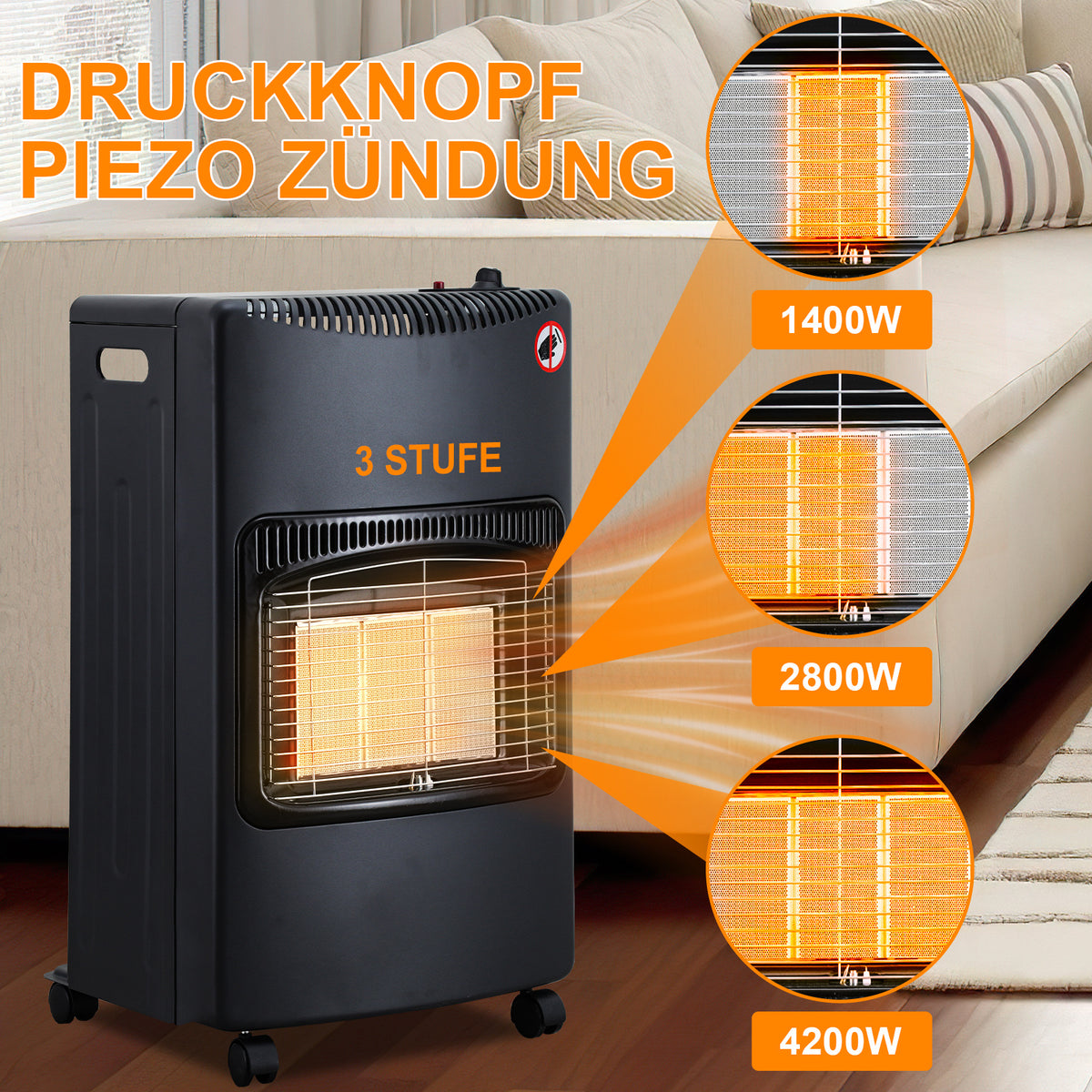 Gasheizung 1400 2800 4200 W drei Leistungsstufen