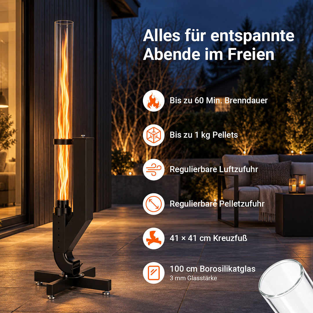 Pellet-Feuersäule mit Glasrohr 138 cm – Pelletfackel für Garten & Terrasse