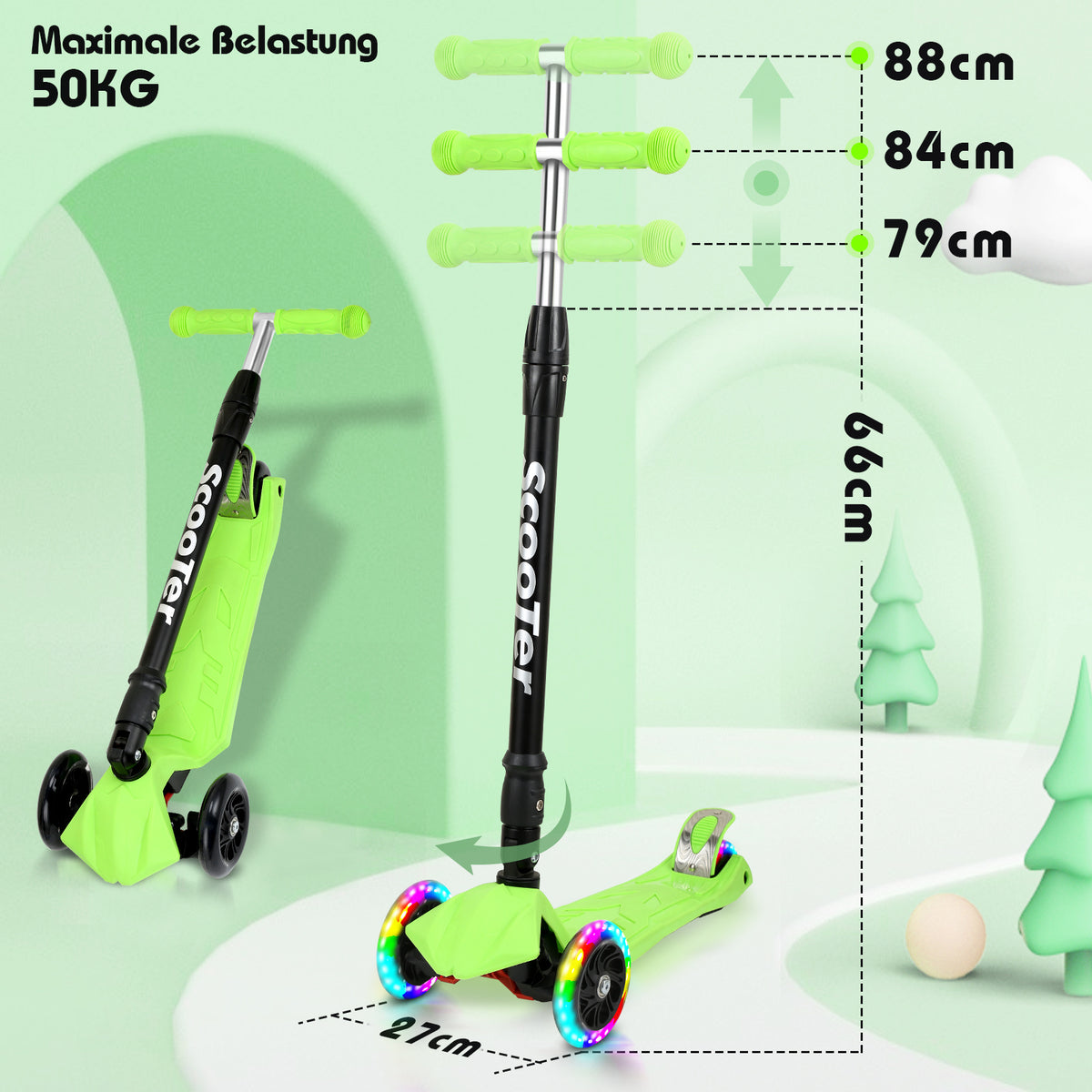 Cecaylie Faltbarer Dreirad-Scooter mit LED-Rädern, höhenverstellbar – 4 Farben