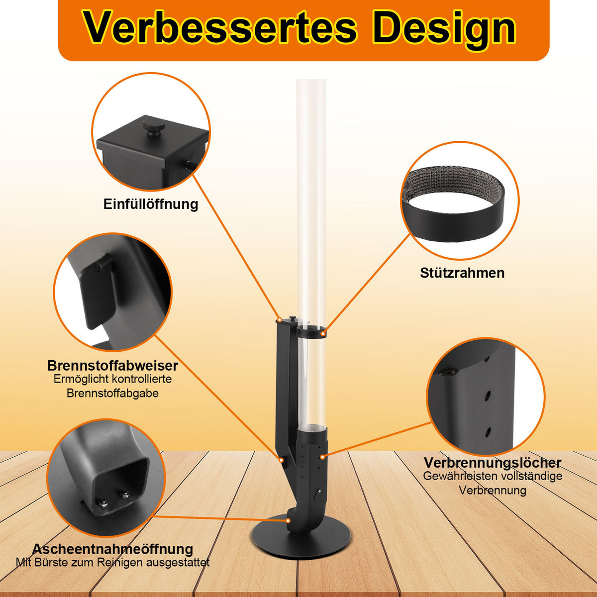 Pellet-Feuersäule mit Glasrohr 131,5 cm – Pelletfackel für Garten & Terrasse