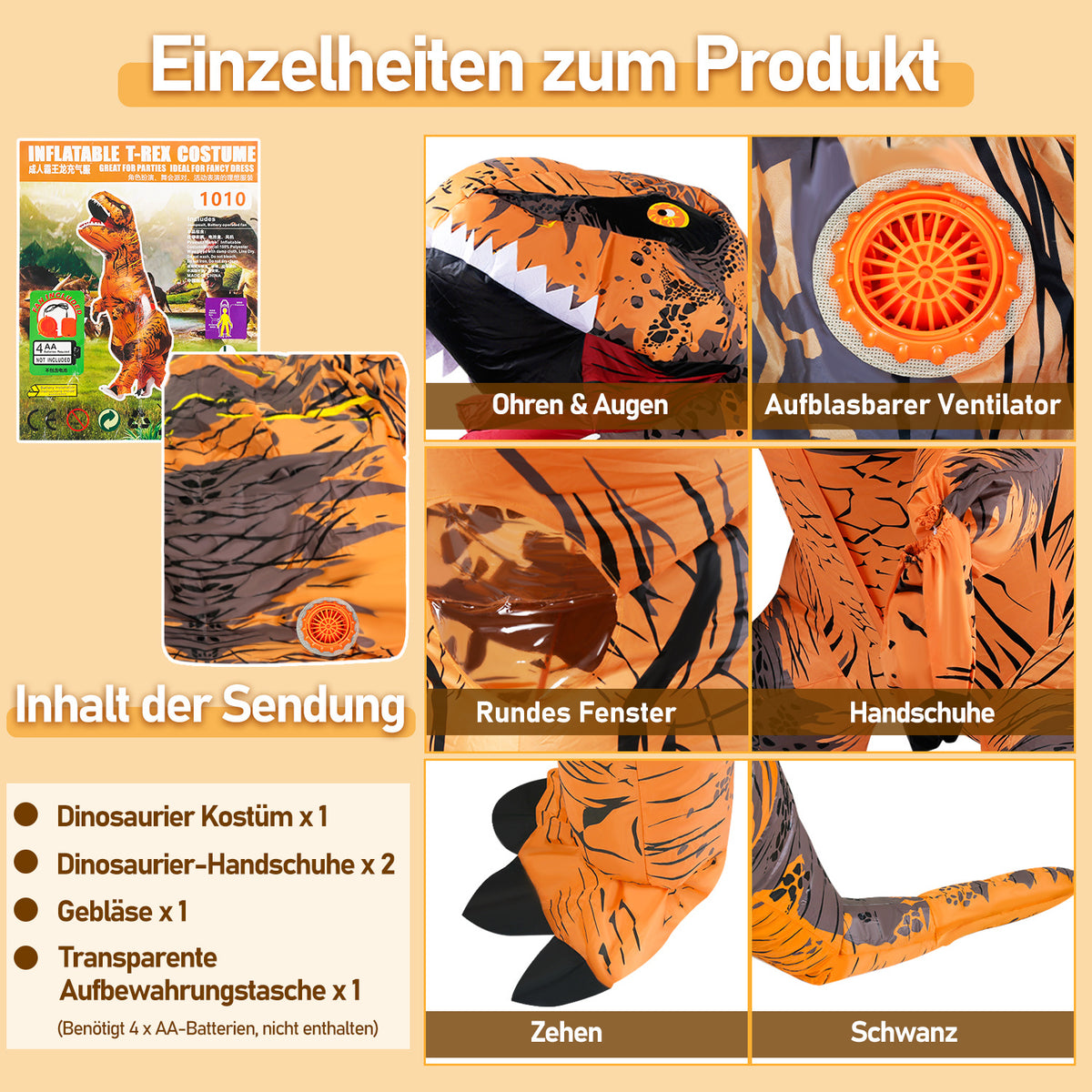 Aufblasbares T-Rex Kostüm für Erwachsene, 160–185 cm