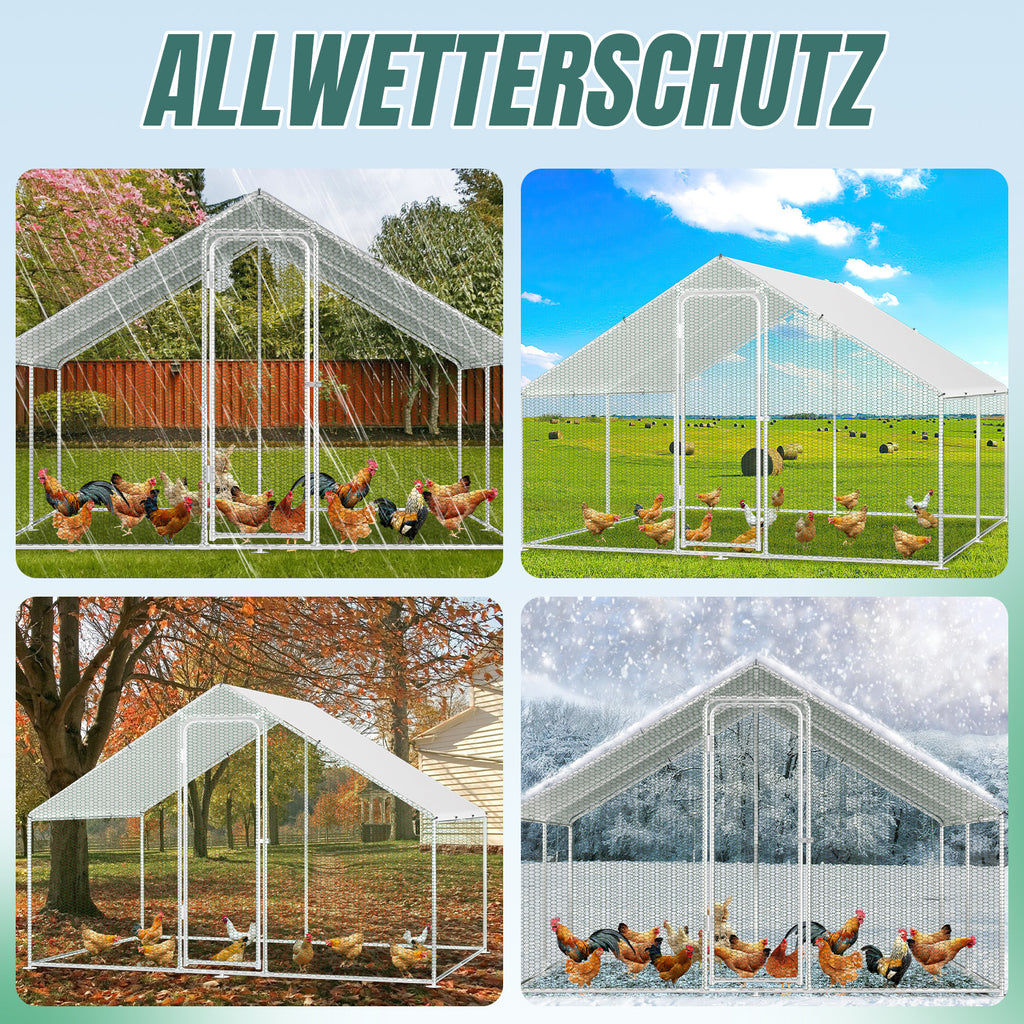 Cecaylie Hühnerauslauf mit Dach, 6–24 m², Stahlrahmen, Geflügelgehege mit Tür