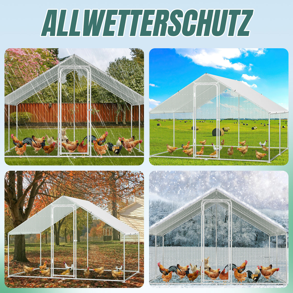Cecaylie Hühnerauslauf mit Dach, 6–24 m², Stahlrahmen, Geflügelgehege mit Tür