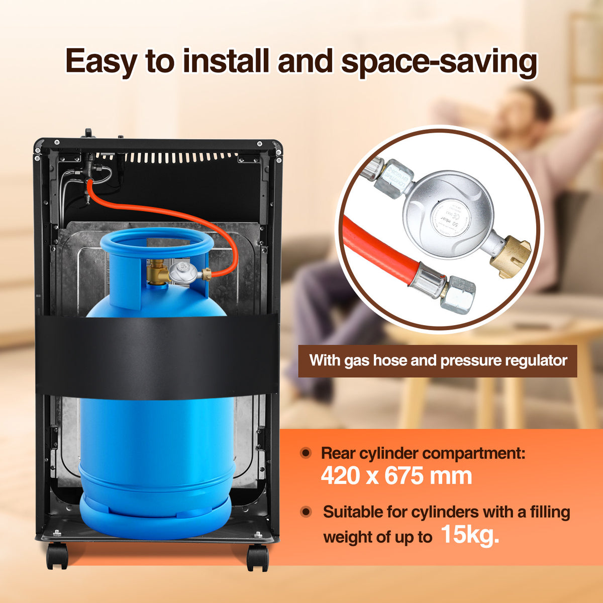 Gasheizung 4200 W mit 3 Heizstufen, faltbarer Infrarot-Gasheizer mit Rollen & Druckminderer  URL Handle
