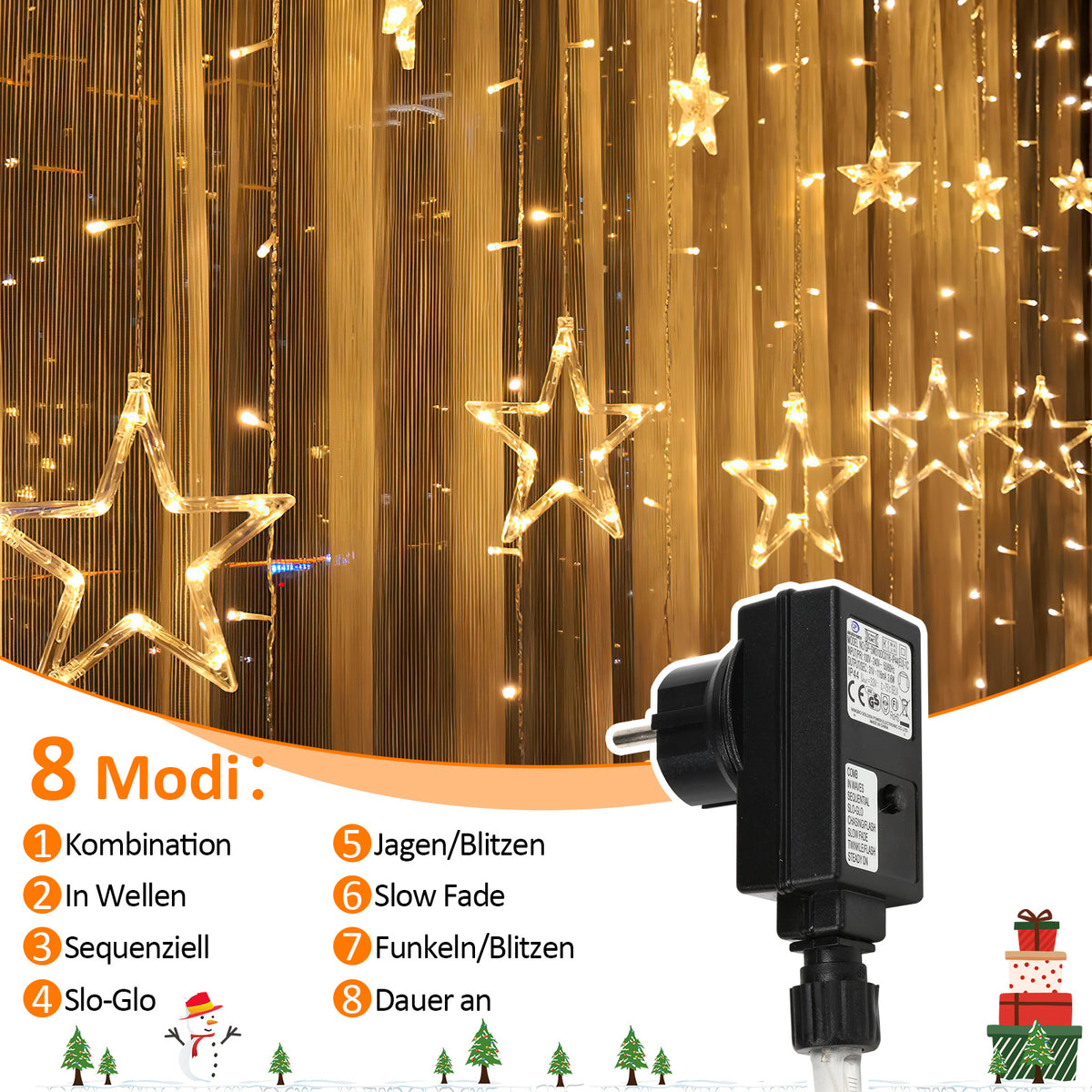 LED Sternenvorhang 2 m mit 138 LEDs & 8 Modi, Warmweiß