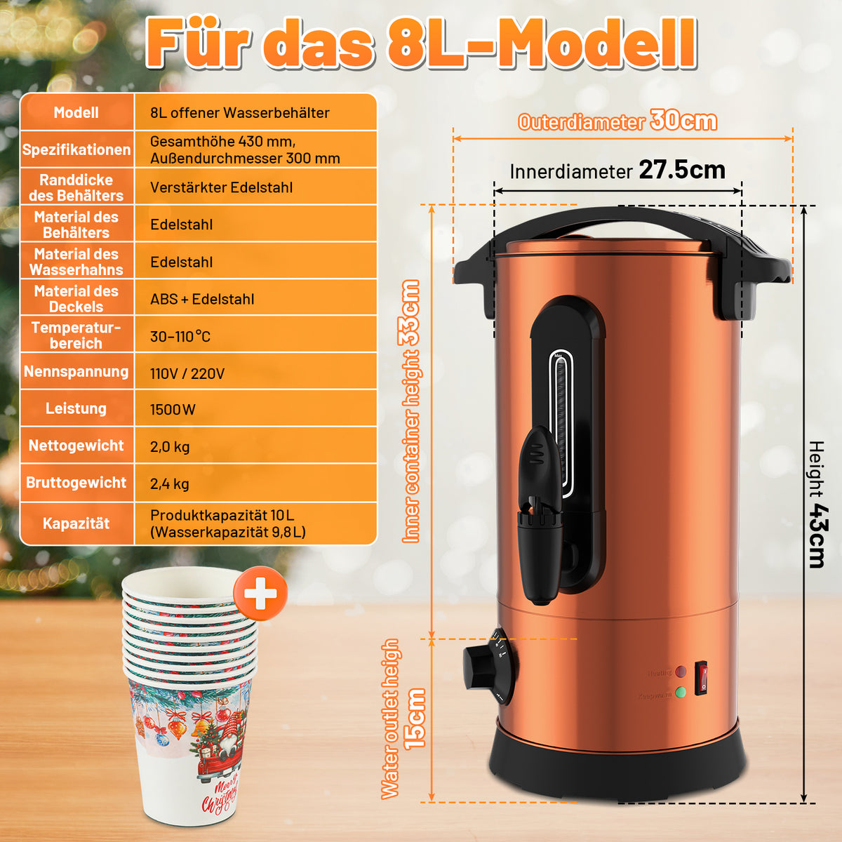 Cecaylie Glühweinkocher 8/10 L aus Edelstahl mit Zapfhahn & Thermostat