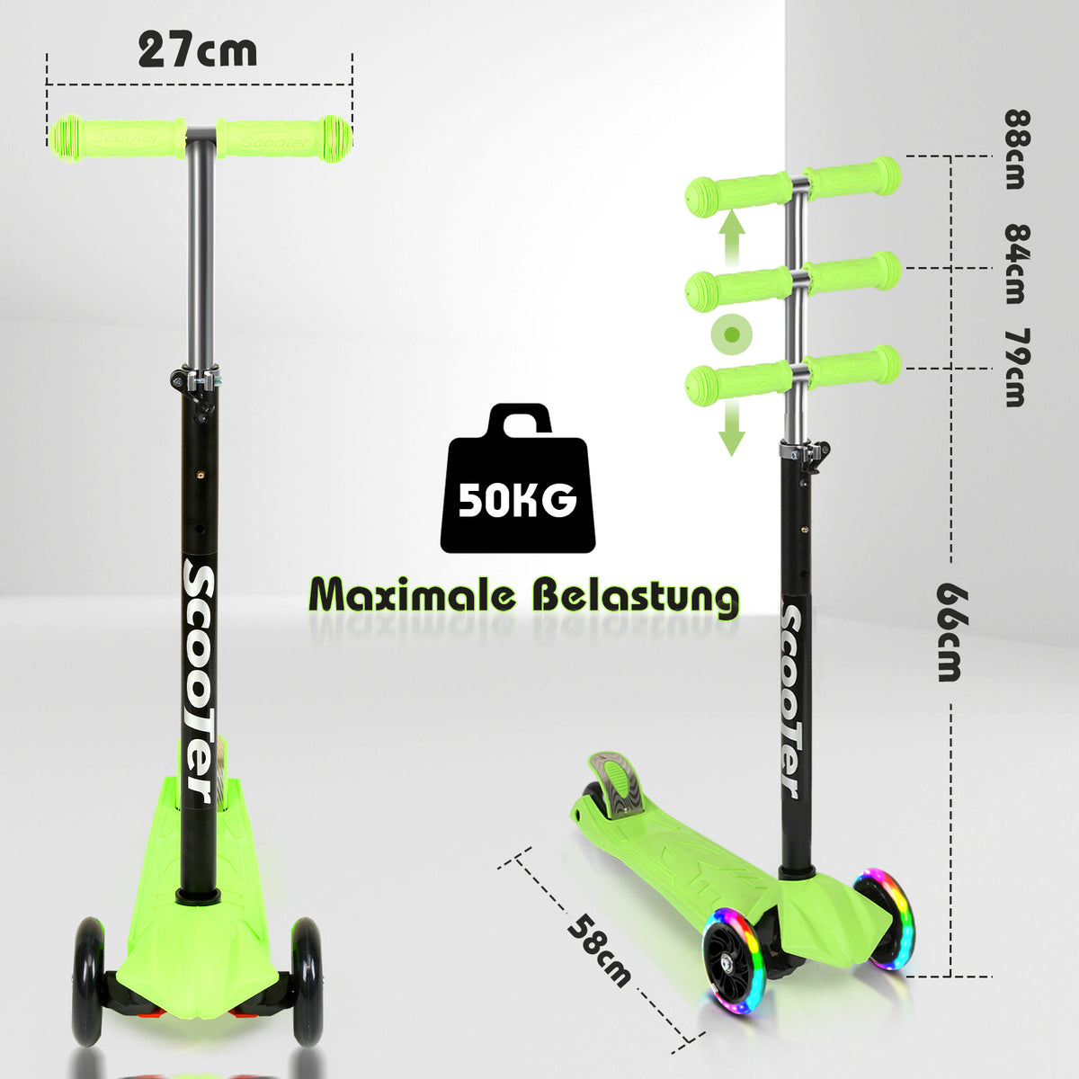 Cecaylie Dreirad-Scooter mit LED-Rädern, höhenverstellbar – 4 Farben