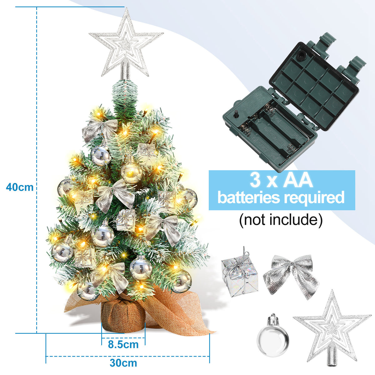 Mini-Weihnachtsbaum 40 cm mit 30 LEDs & 18 Ornamenten