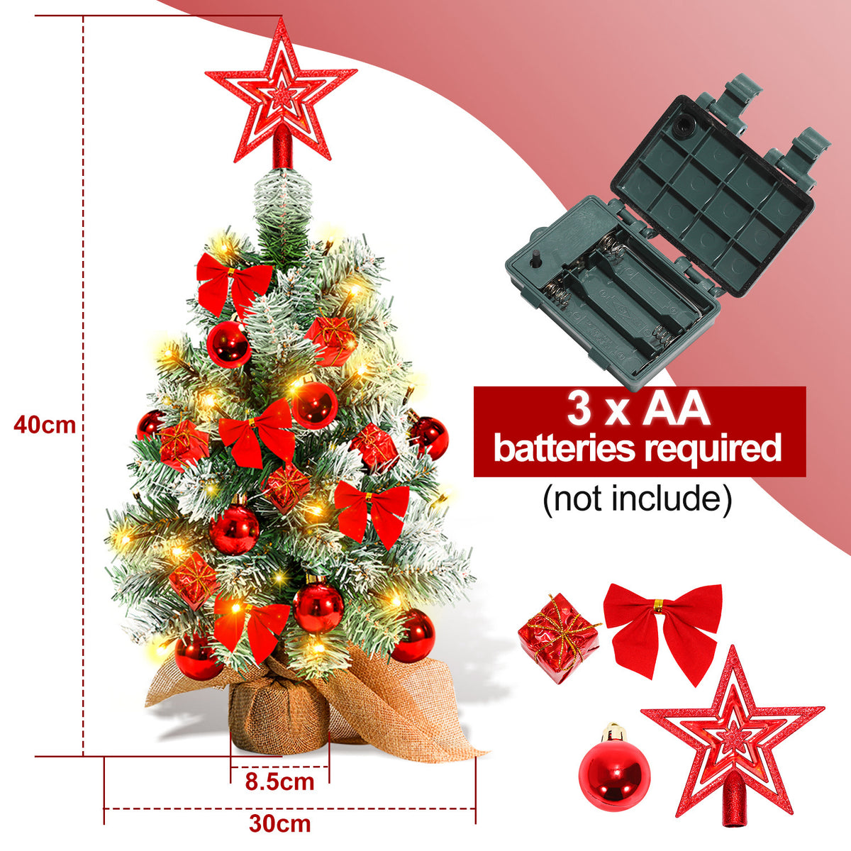 Mini-Weihnachtsbaum 40 cm mit 30 LEDs & 18 Ornamenten