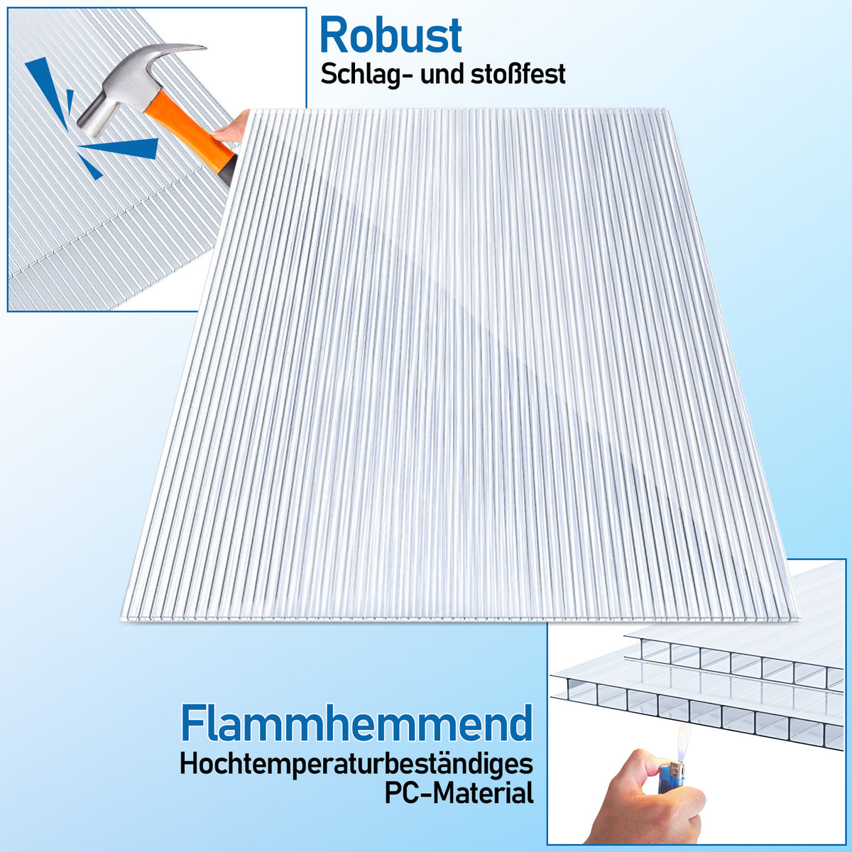 Polycarbonat Hohlkammerplatten 4/8 mm – 60,5 × 121 cm für Gewächshaus
