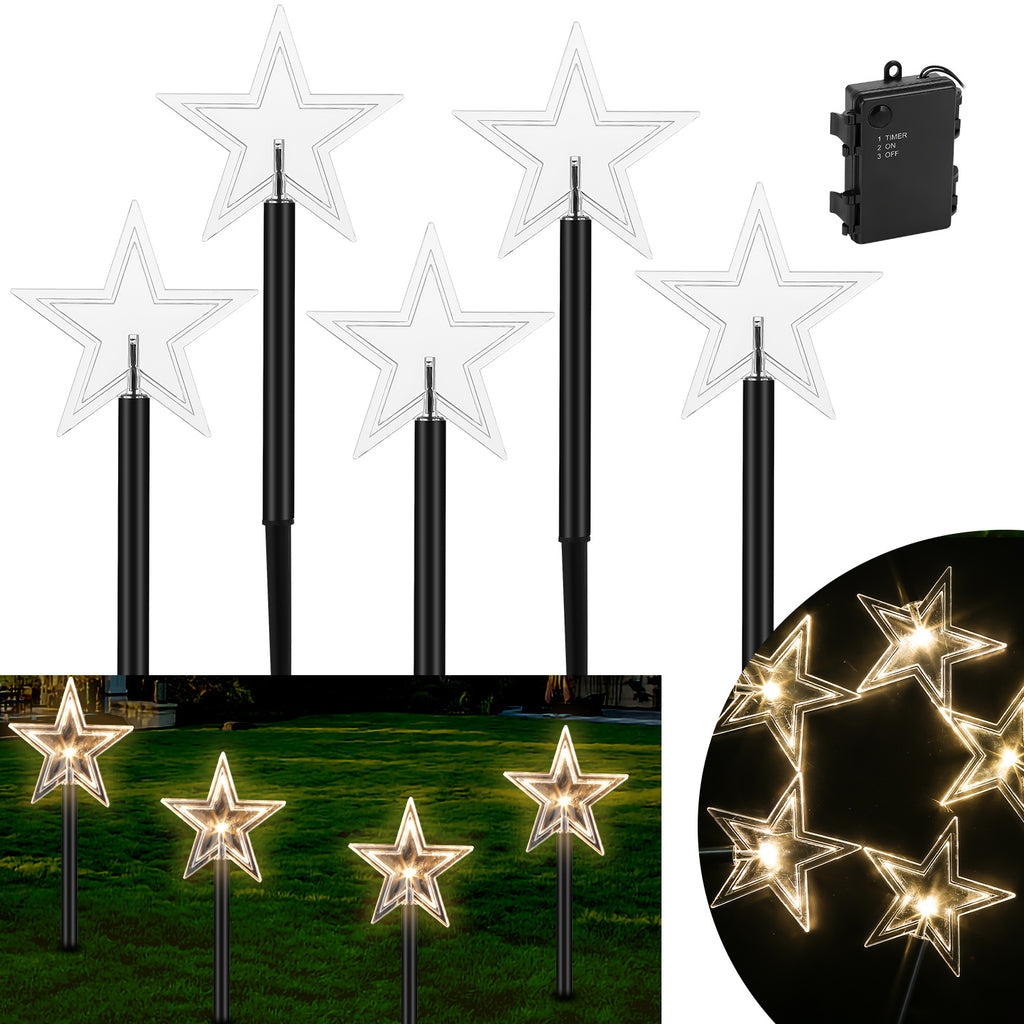 LED Weihnachtssterne Gartenstecker 5/10er-Set mit Timer, warmweiß
