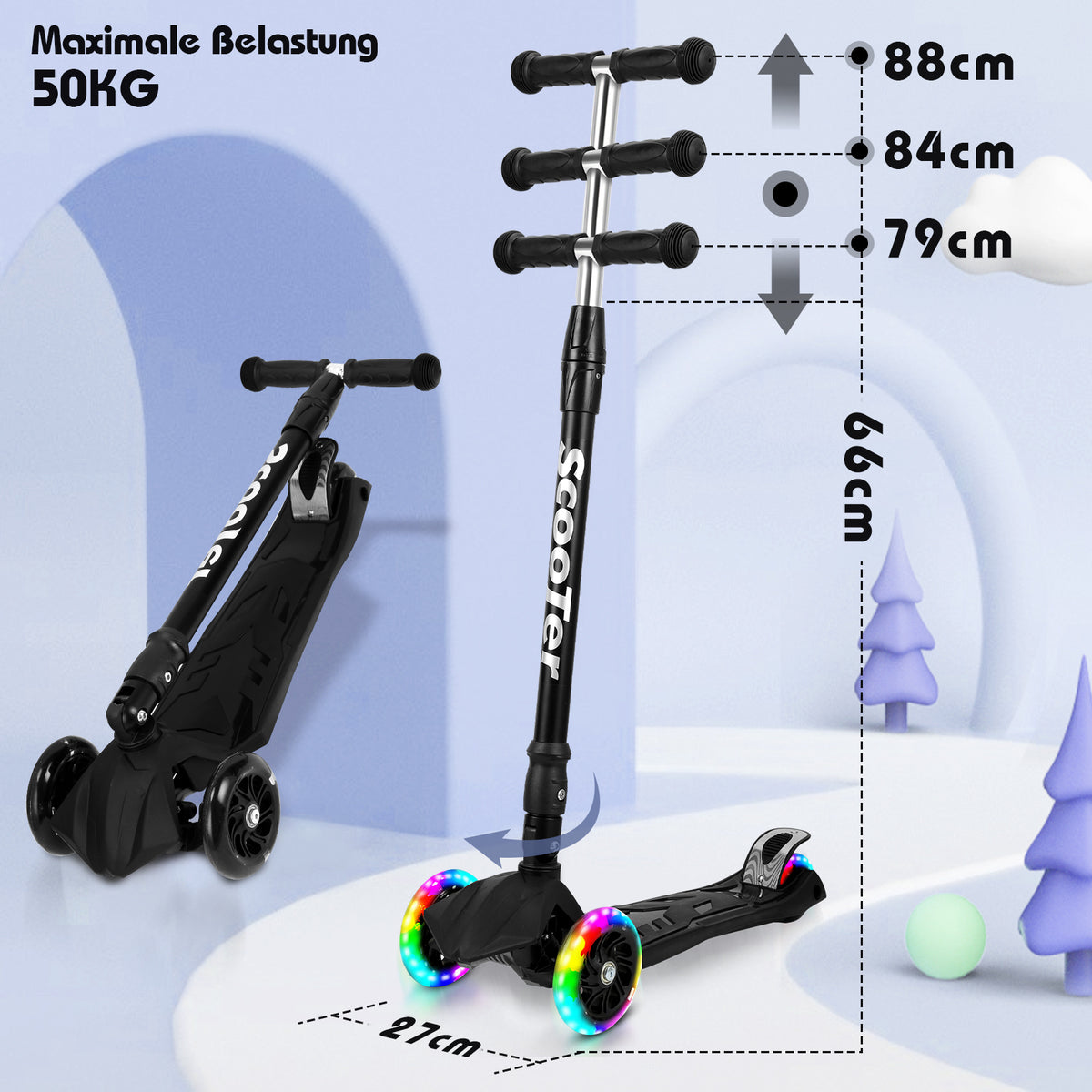 Cecaylie Faltbarer Dreirad-Scooter mit LED-Rädern, höhenverstellbar – 4 Farben