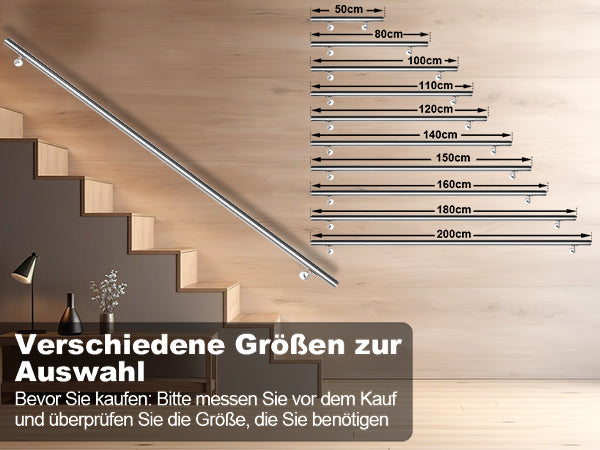 Cecaylie Handlauf Edelstahl Ø42 mm, Treppenhandlauf zur Wandmontage, 50–200 cm, Silber