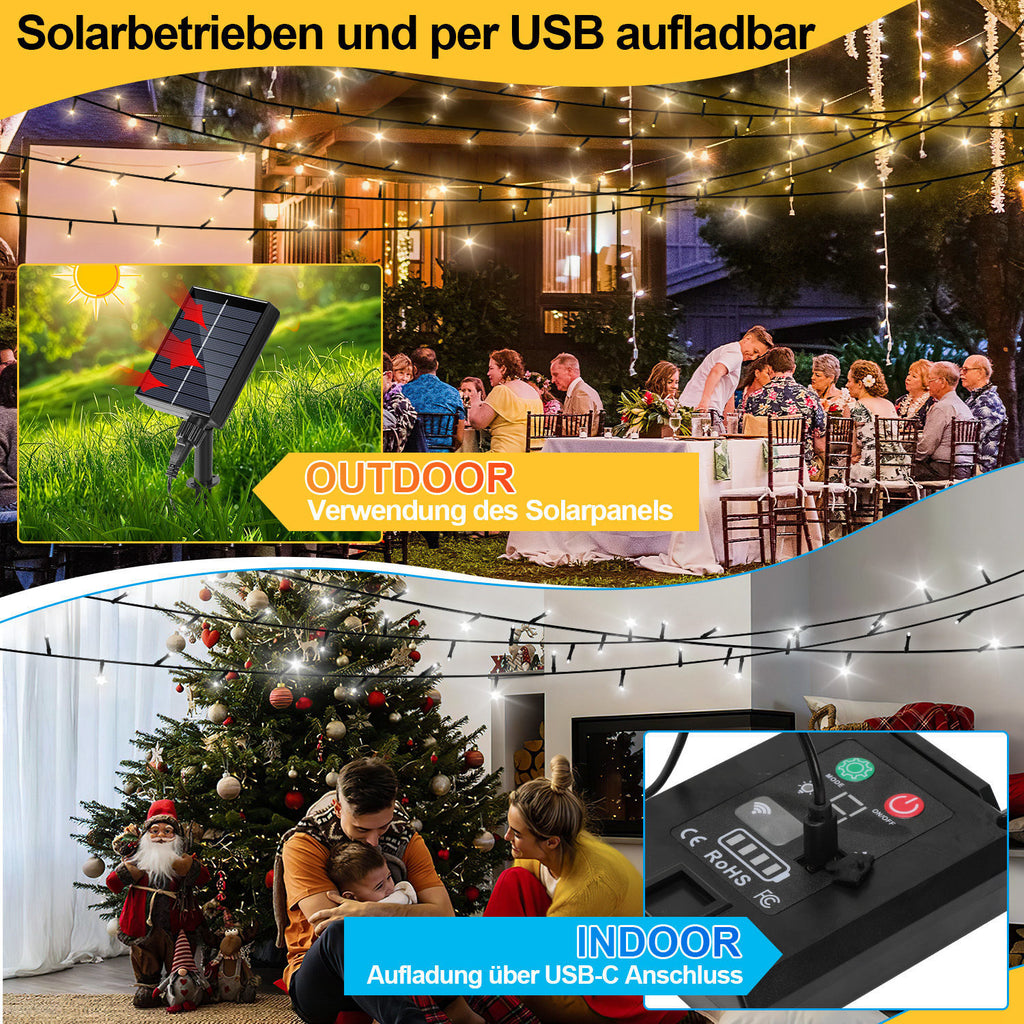Solar LED Lichterkette 30–100 m mit 8 Modi & Fernbedienung