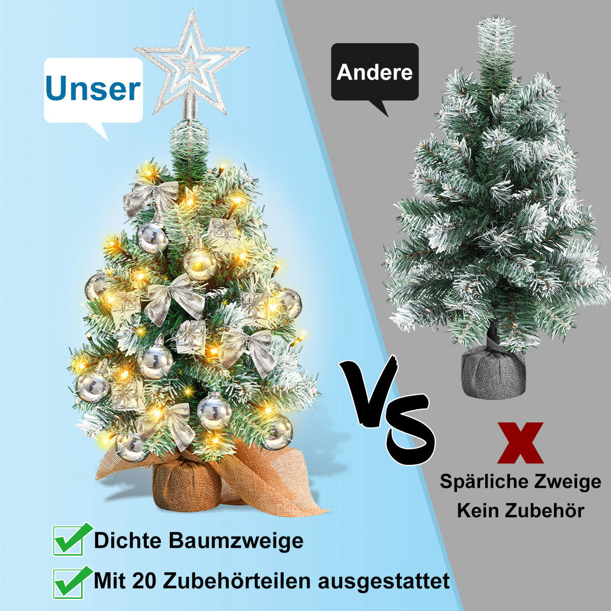 Mini-Weihnachtsbaum 40 cm mit 30 LEDs & 18 Ornamenten