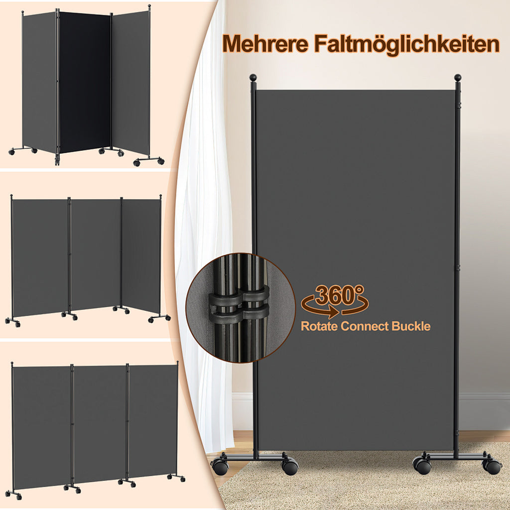 Cecaylie Paravent mit Rollen, faltbarer Raumteiler 181 cm hoch, mobiler Sichtschutz mit Bremsen