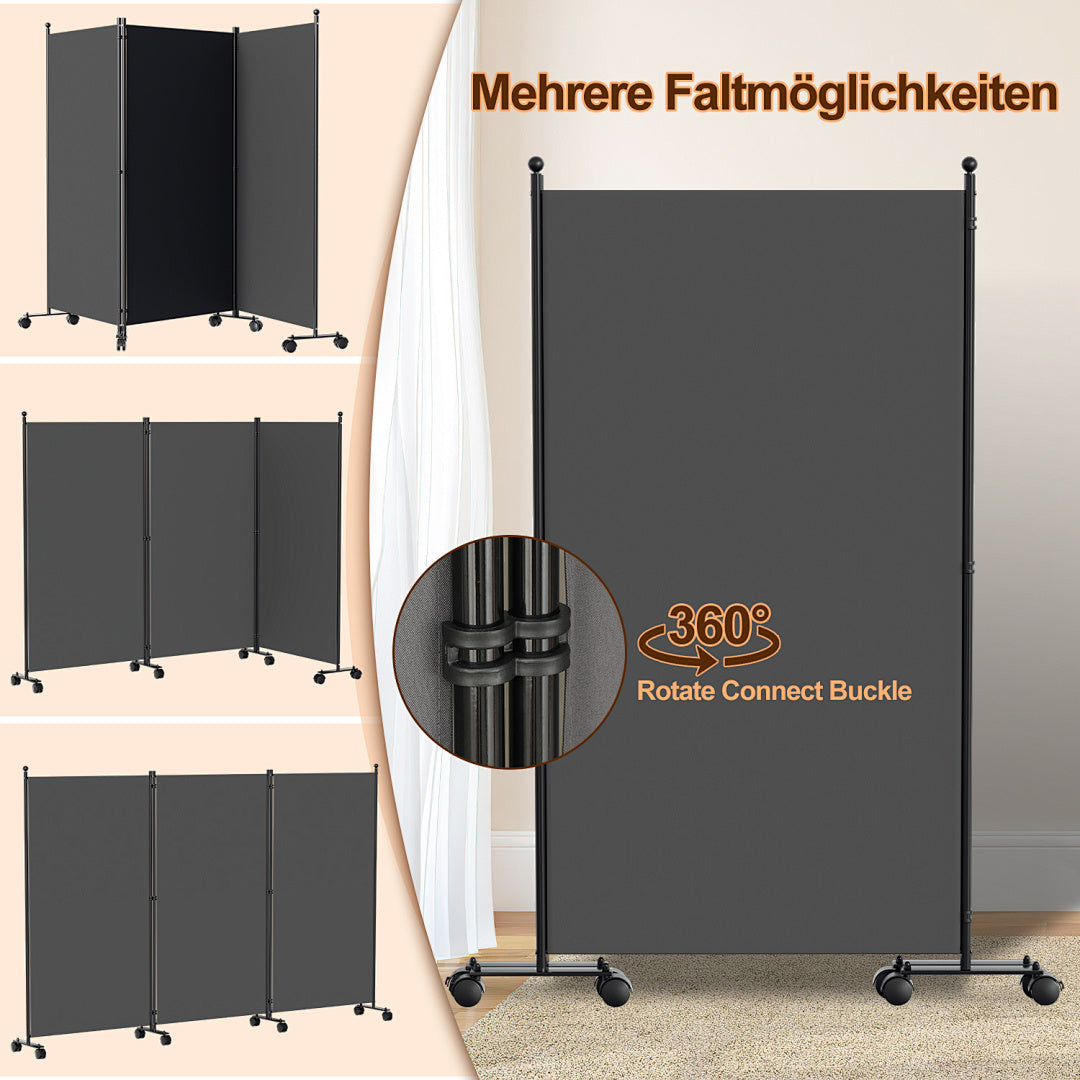 Cecaylie Paravent mit Rollen, faltbarer Raumteiler 181 cm hoch, mobiler Sichtschutz mit Bremsen