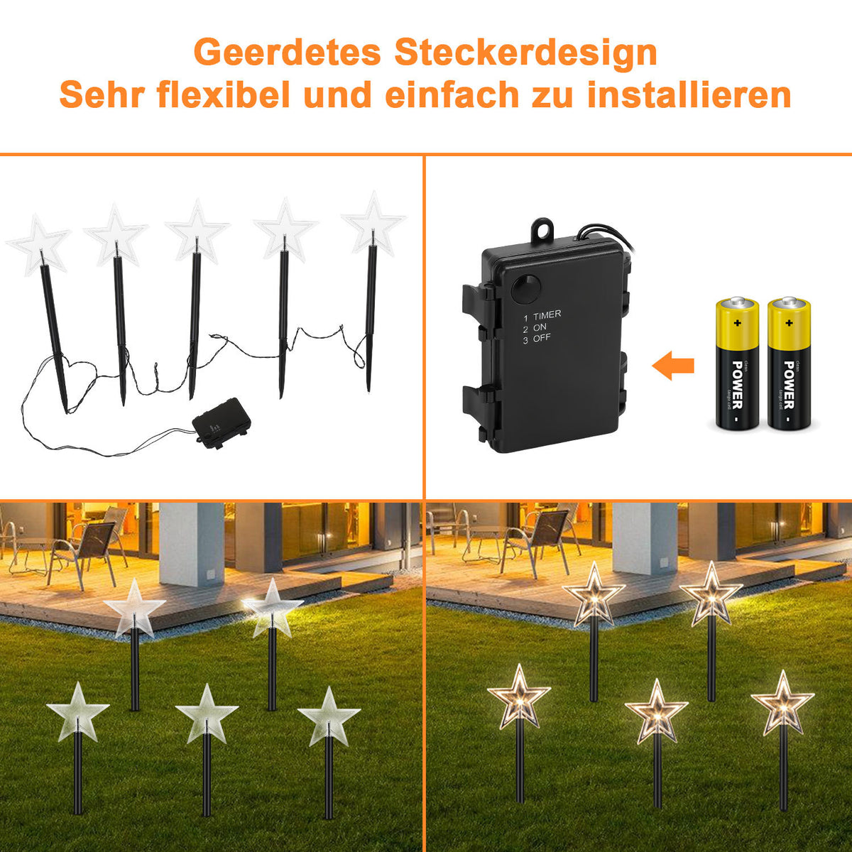 LED Weihnachtssterne Gartenstecker 5/10er-Set mit Timer, warmweiß