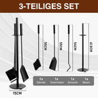 3-teiliges Kaminbesteck mit Ständer, Feuerzange, Schaufel & Besen