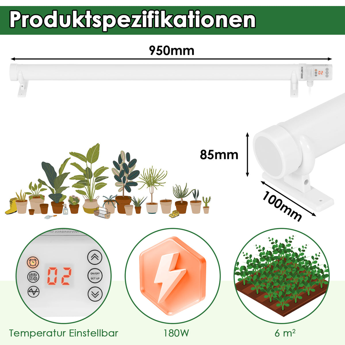 Gewächshausheizung 55W–240W mit Temperaturregelung & Timer