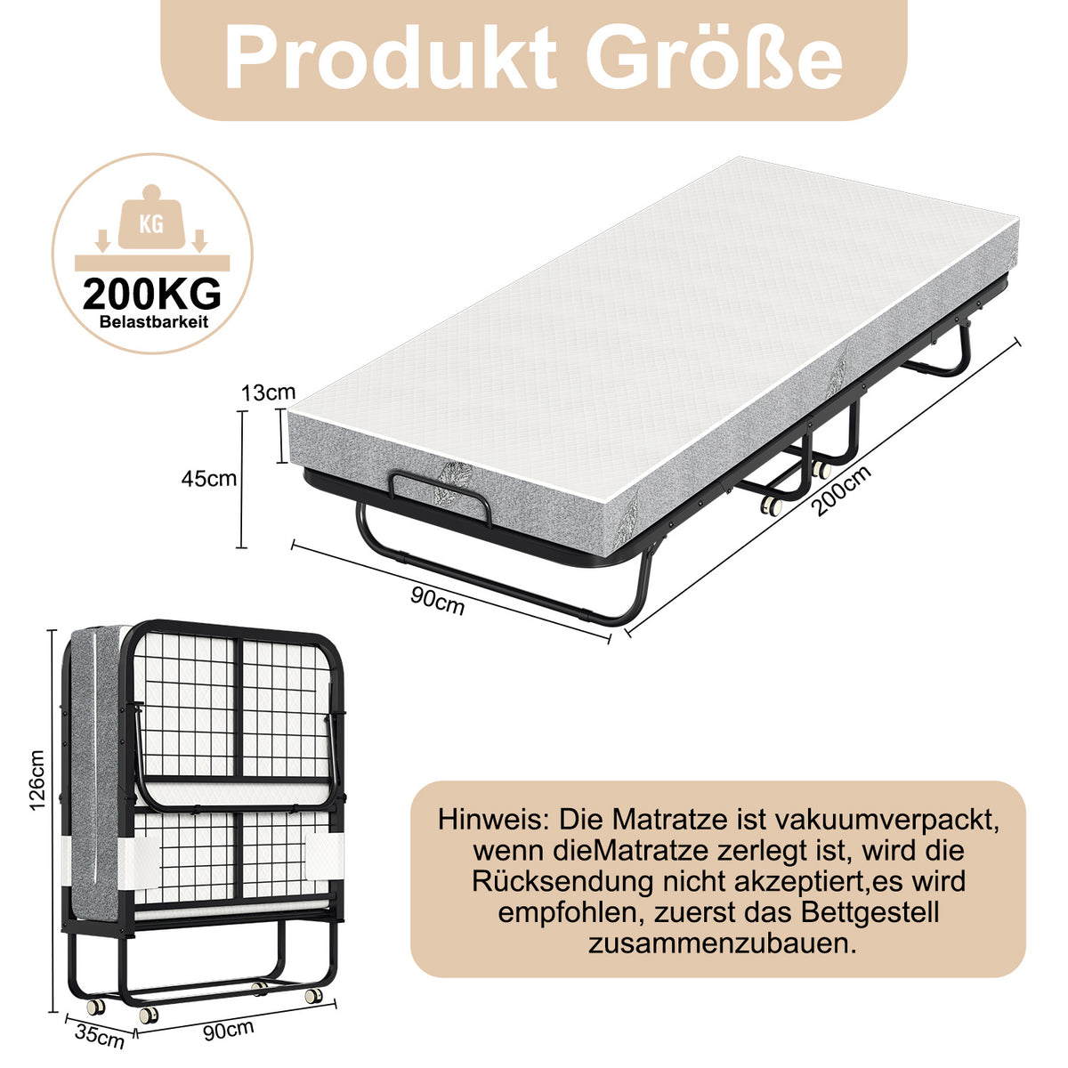 Cecaylie Klappbett 90x200 cm mit 13 cm Matratze, Gästebett faltbar mit Rollen, bis 200 kg