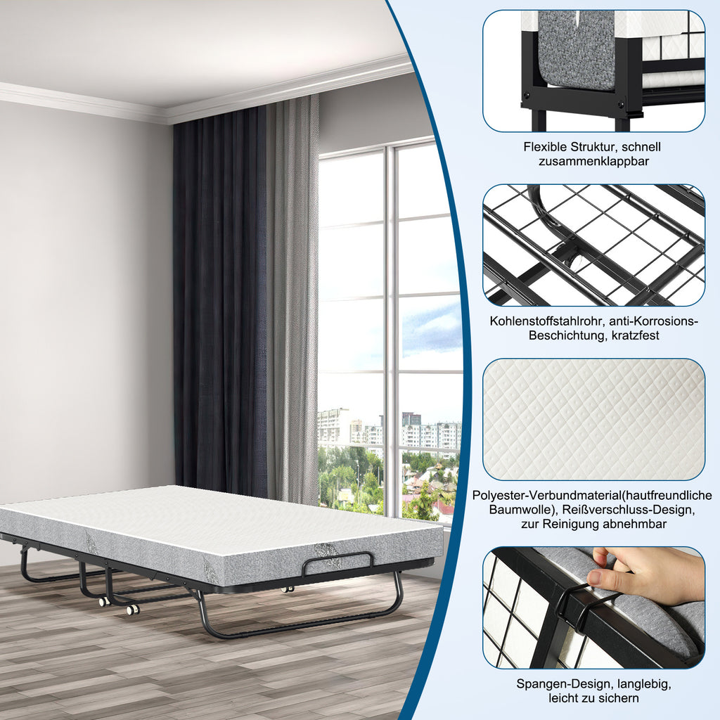 Cecaylie Klappbett 90x200 cm mit 13 cm Matratze, Gästebett faltbar mit Rollen, bis 200 kg