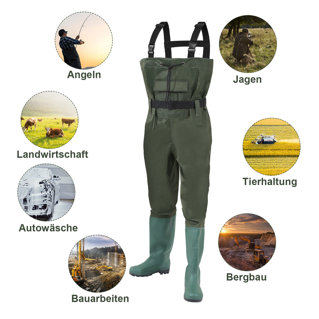 Cecaylie Wathose mit Stiefeln, Brustwathose 70D Nylon-PVC, Anglerhose Grün, EU 42–47