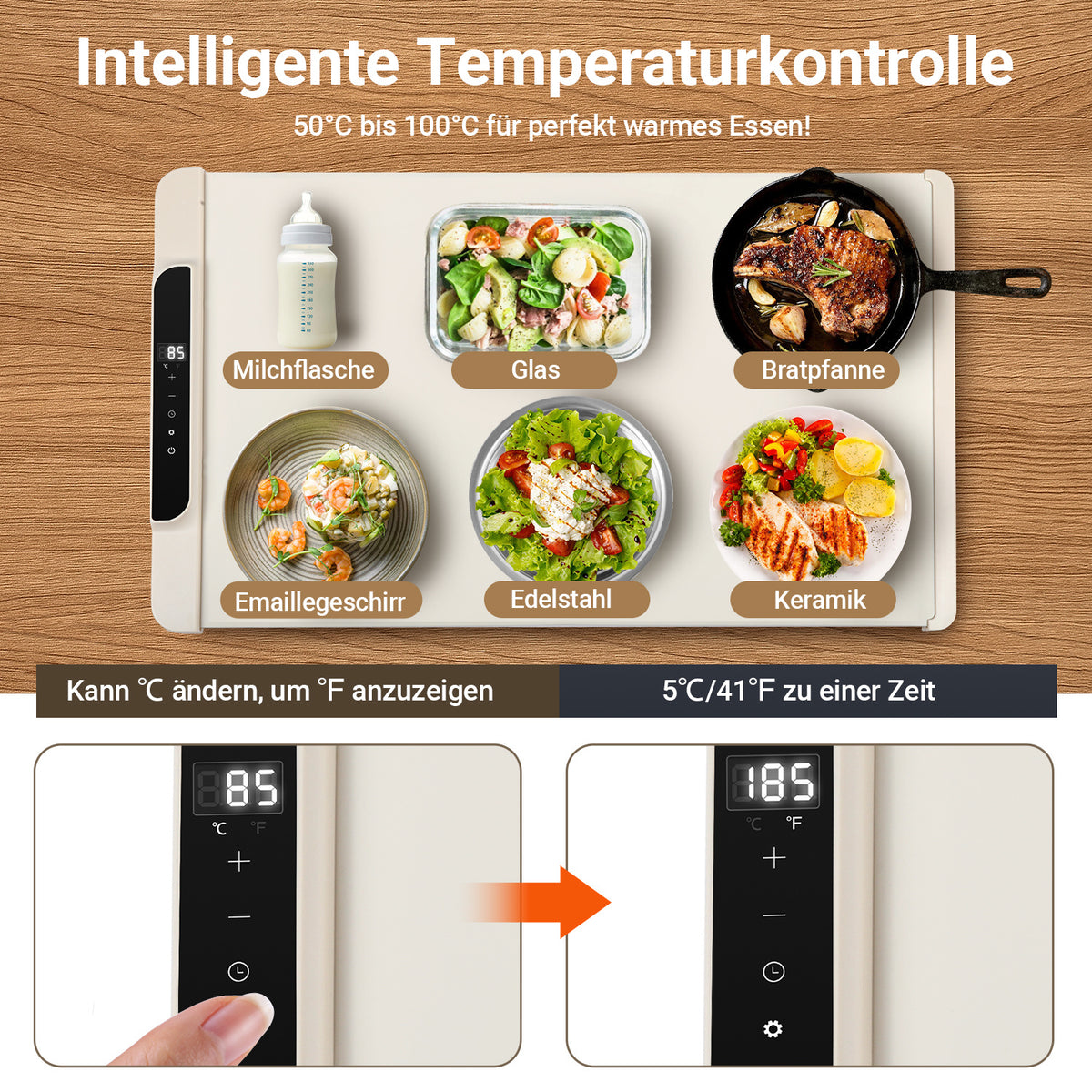Elektrische Warmhalteplatte 240 W, 50–100 °C, faltbar mit Timer
