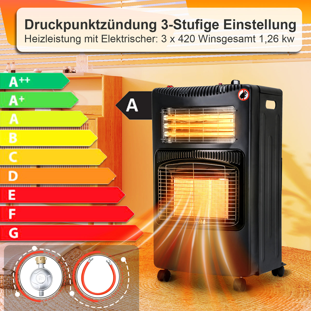 Elektrische Quarzrohrheizung 1260 W mit drei Heizstufen