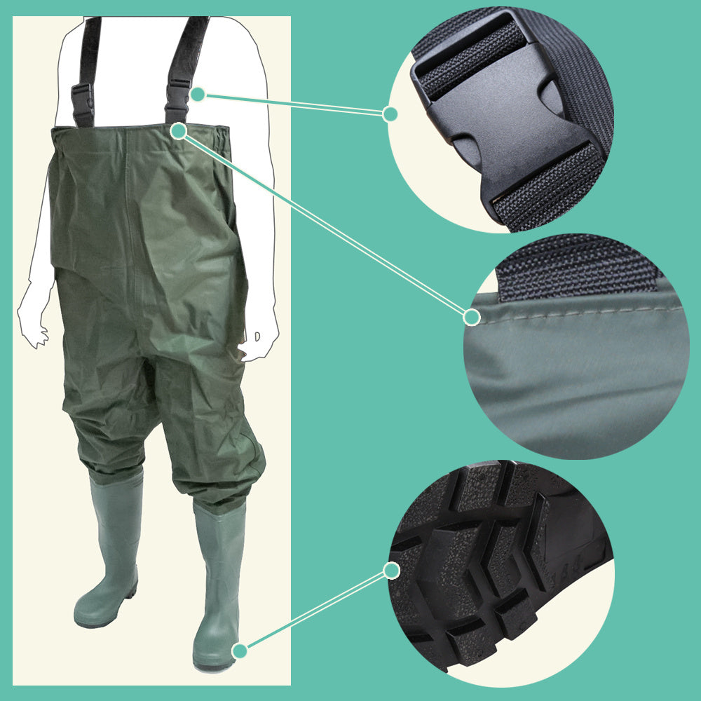 Cecaylie Wathose mit Gummistiefeln, Brustwathose 70D Nylon-PVC, Anglerhose M–XXL, EU 40–47