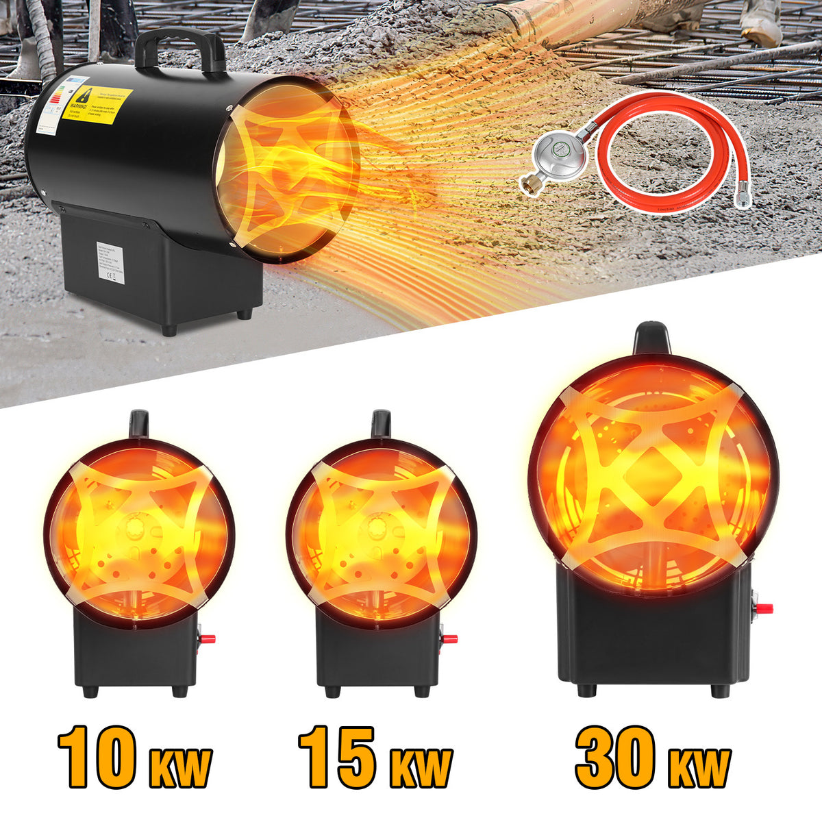 Gasheizgebläse 10/15/30 kW mit Gasschlauch & Druckminderer
