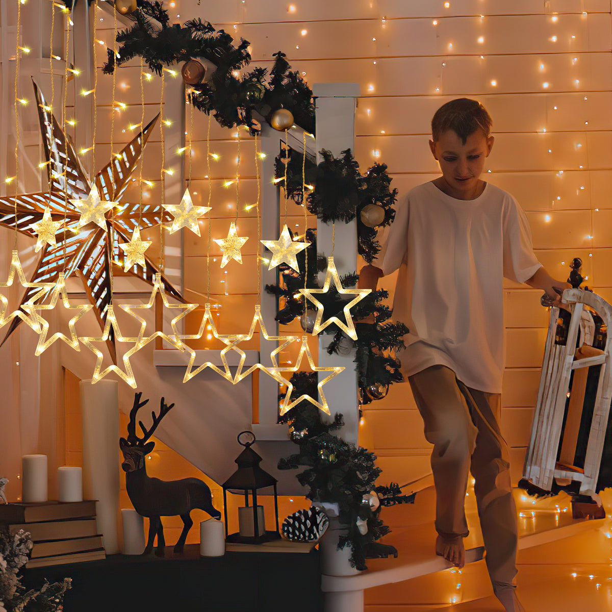 LED Sternenvorhang 2 m mit 138 LEDs & 8 Modi, Warmweiß