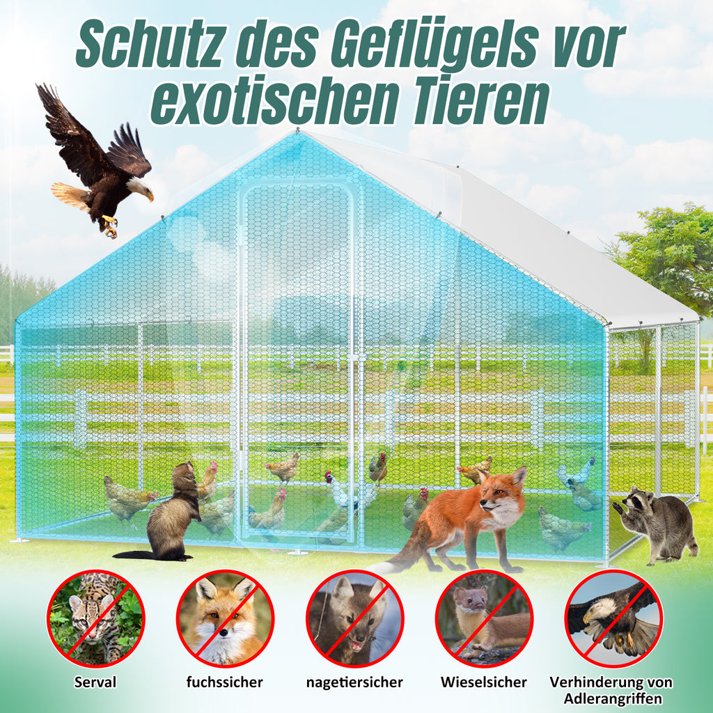 Cecaylie Hühnerauslauf mit Dach, 6–24 m², Stahlrahmen, Geflügelgehege mit Tür