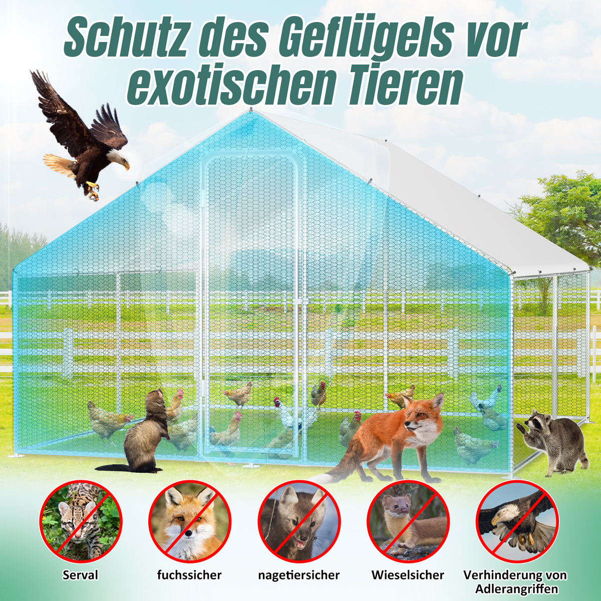 Cecaylie Hühnerauslauf mit Dach, 6–24 m², Stahlrahmen, Geflügelgehege mit Tür
