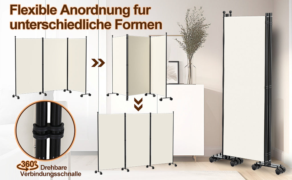 Cecaylie Paravent mit Rollen, faltbarer Raumteiler 181 cm hoch, mobiler Sichtschutz mit Bremsen