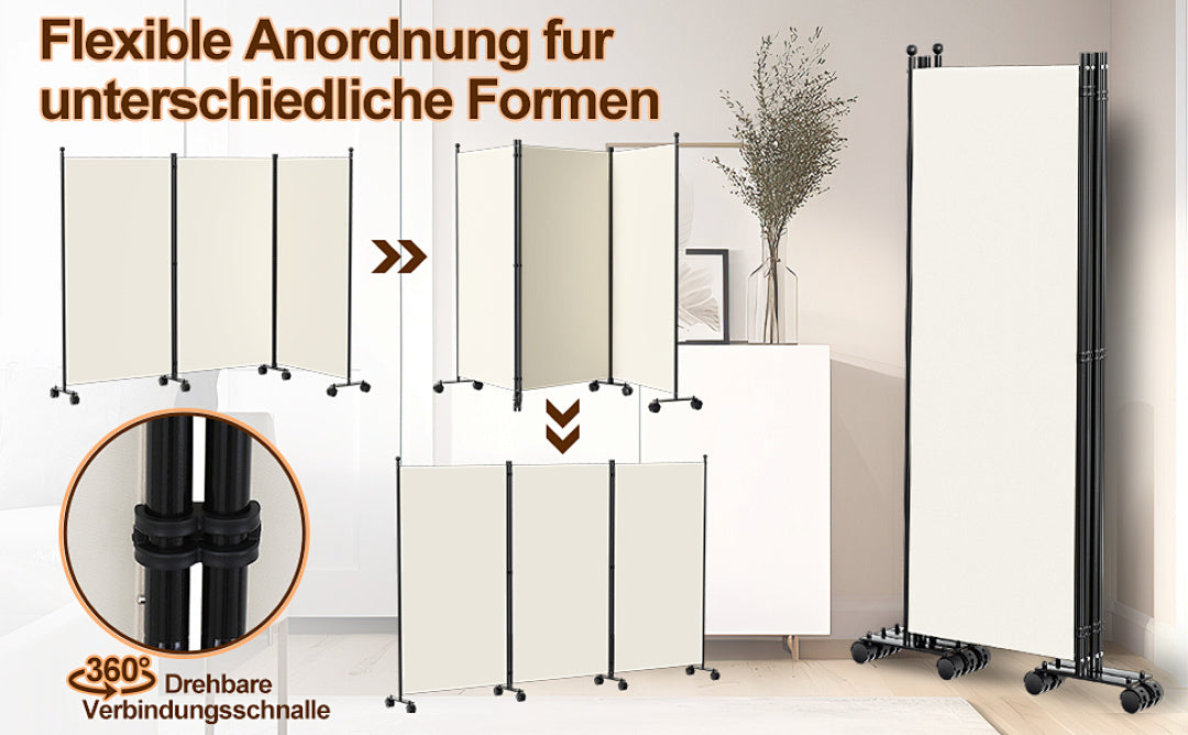 Cecaylie Paravent mit Rollen, faltbarer Raumteiler 181 cm hoch, mobiler Sichtschutz mit Bremsen