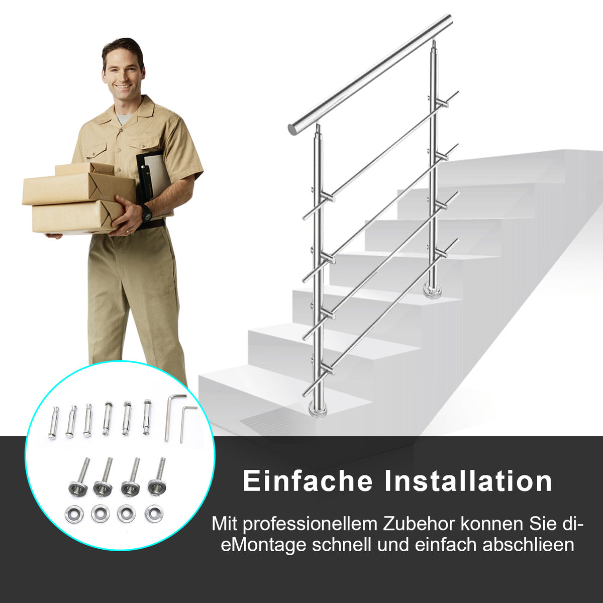 Cecaylie Edelstahl Treppengeländer 80–180 cm, Handlauf aus Edelstahl 201, verschiedene Querstreben