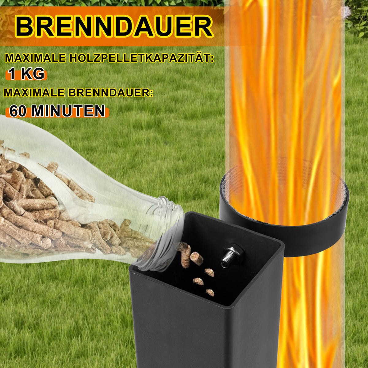 Pellet-Feuersäule mit Glasrohr 131,5 cm – Pelletfackel für Garten & Terrasse