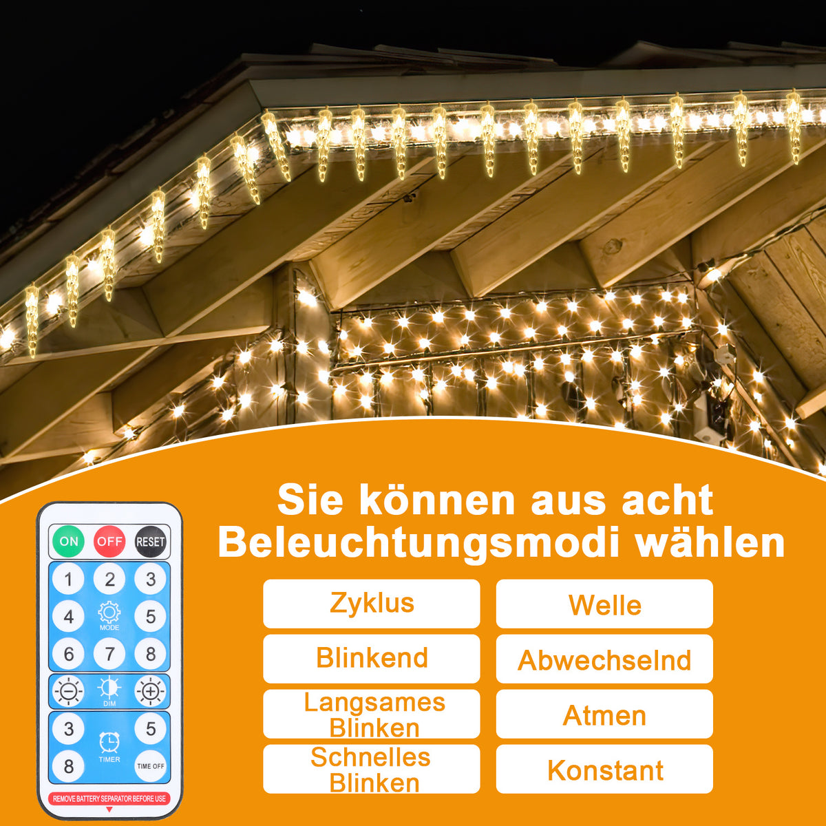 Solar Eiszapfen Lichterkette mit 8 Lichtmodi und Timer