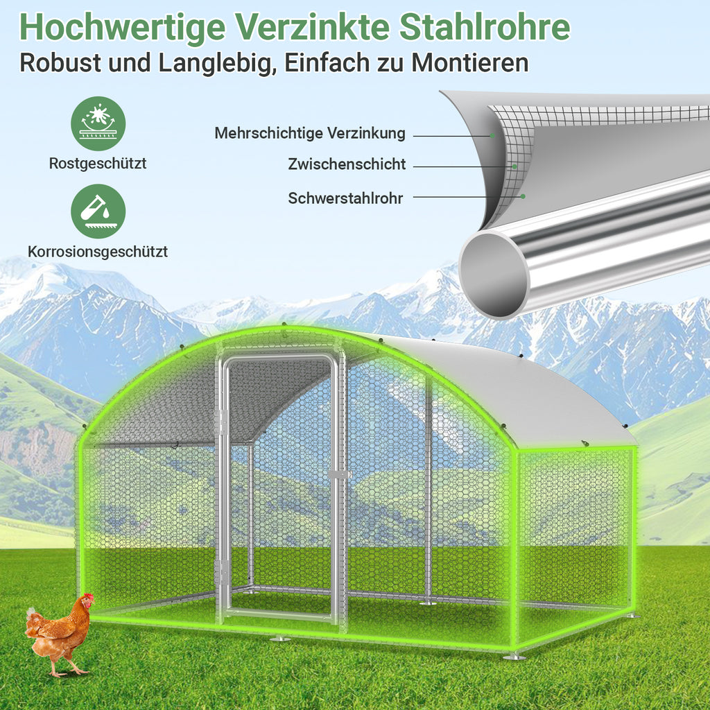 Cecaylie Hühnerauslauf mit Kuppeldach, 6–24 m², Stahlrahmen, Geflügelgehege mit Tür
